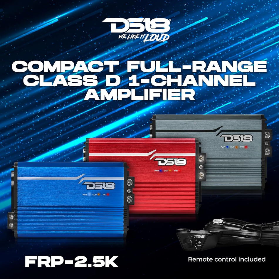 DS18 FRP2.5K/ BLCompact Full-Range Class D 1-Channel Monoblock Amplifier, 2500 Watts RMS @ 1-Ohm, High-Output Car and Truck Stereo Amp with Remote Level Control Knob