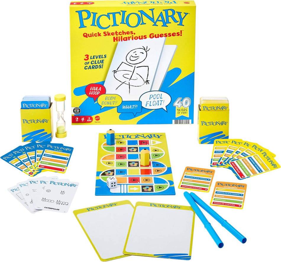 Mattel Pictionary Core Refresh Family Board Game for Kids, Adults and Game Night for 2 Teams with Erasable Markers, Boards and Sand Timer UK/AUS Edition (JDX96)