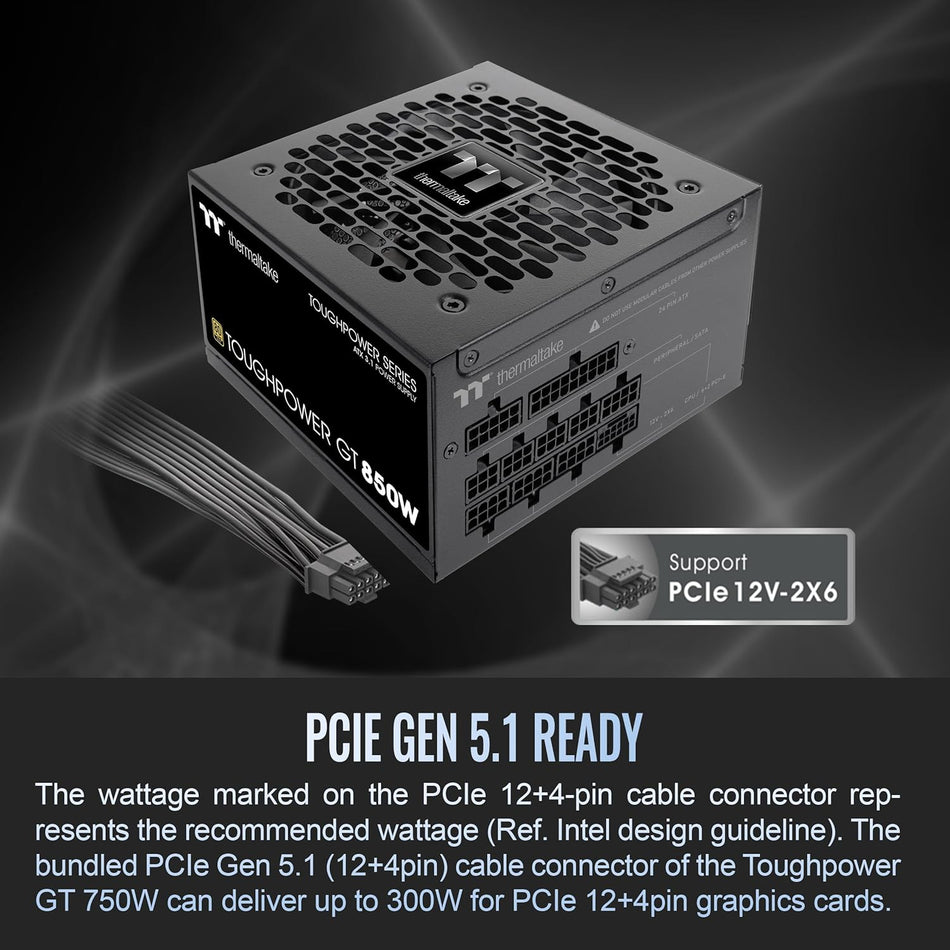 Thermaltake Toughpower GT 850W ATX 3.1 Standard Fully Modular Power Supply, 80 Plus Gold Efficiency, Native 450W PCIe 5.1 Connector