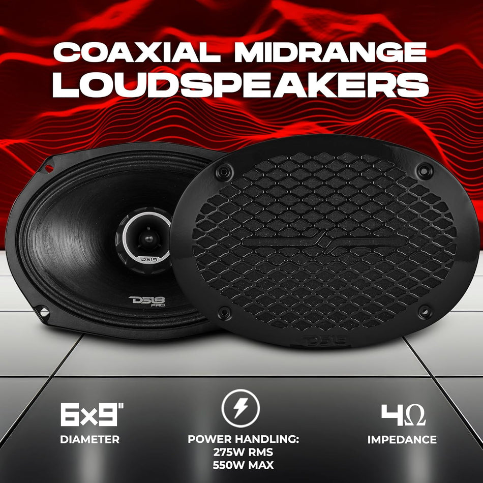 DS18 PRO-ZT69 Audio Coaxial 6x9-Inch Midrange Loudspeaker, Built-In Bullet Tweeter, Water Resistant, 550 Watts Max, 275 Watts RMS, 4-Ohm High-Output Car and Truck Speaker with Black Metal Mesh Grill (Single)