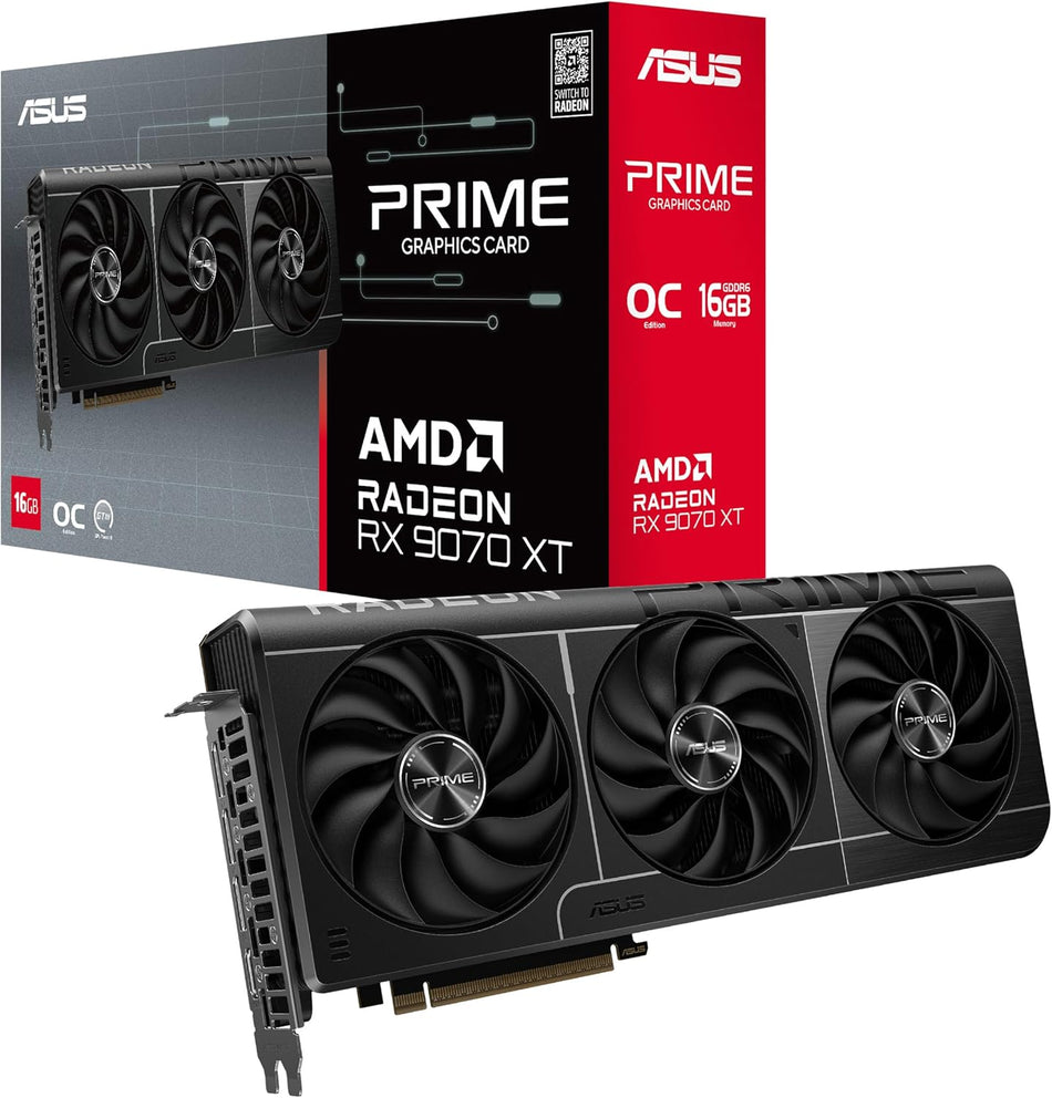 ASUS Prime Radeon™ RX 9070 XT OC Edition Graphics Card, AMD (PCIe 5.0, HDMI/DP 2.1, 2.5-Slot Design, Axial-tech Fans, Ball Bearings, Dual BIOS, GPU Guard)-PRIME-RX9070XT-O16G