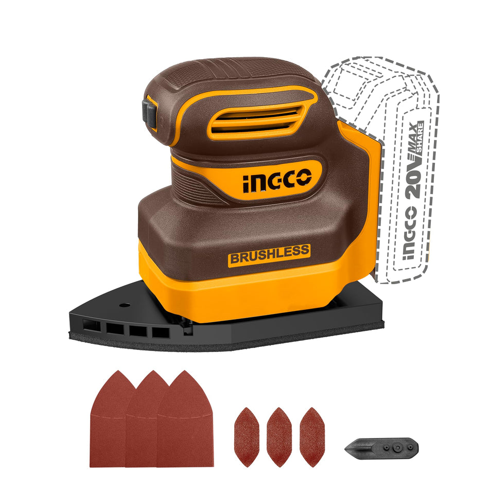 INGCO Cordless Palm Sander (CPSLI2024) – 12,000 OPM No-Load Speed, 125mm Sanding Pad, Compact and Ergonomic Design for Comfortable One-Handed Operation, Optimized for Smooth Surface Finishing and Material Removal.