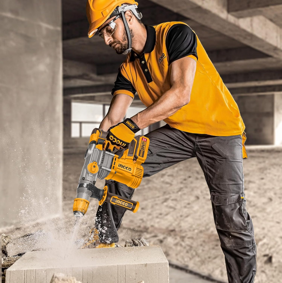 INGCO Cordless Rotary Hammer 28mm (Body Only) 20V Lithium-Ion Brushless Hammer 3IN1 Function Adjust Knob, 4.5J, 4400BPM, 3Pcs Drill Bits and 1Pcs Chisel (CRHLI20288)