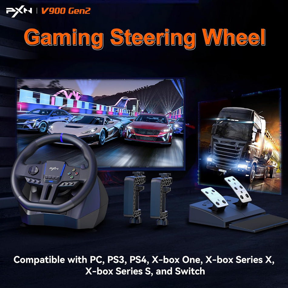 PXN V900 GEN2 Gaming Steering Wheel for PC, PS4, Xbox & Switch | 270°/900° USB Sim Racing Wheel with Paddle Shifters & 2-Pedal, Vibration Feedback, APP Support & Pedal-Activated RGB Lighting