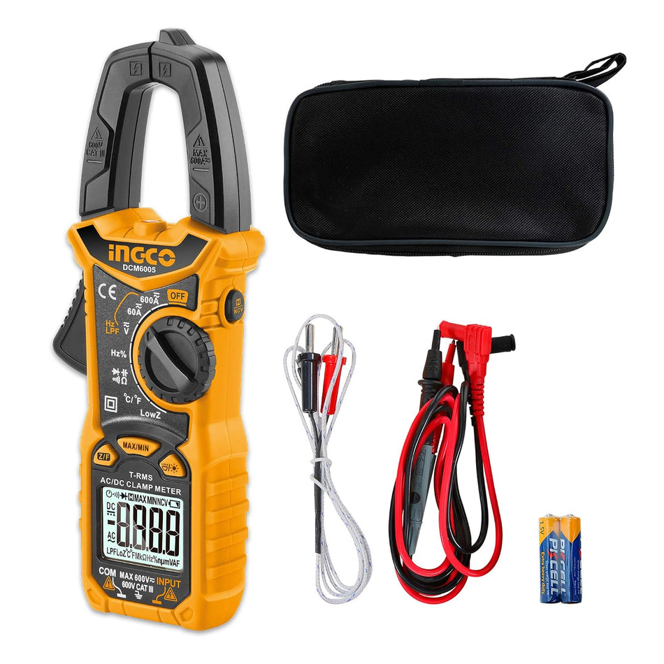 INGCO Digital AC/DC Clamp Meter 6000 Counts True RMS – Non-Contact Voltage (NCV) Detection, Integrated Flashlight, Backlit LCD, and Temperature Sensor (DCM6005)