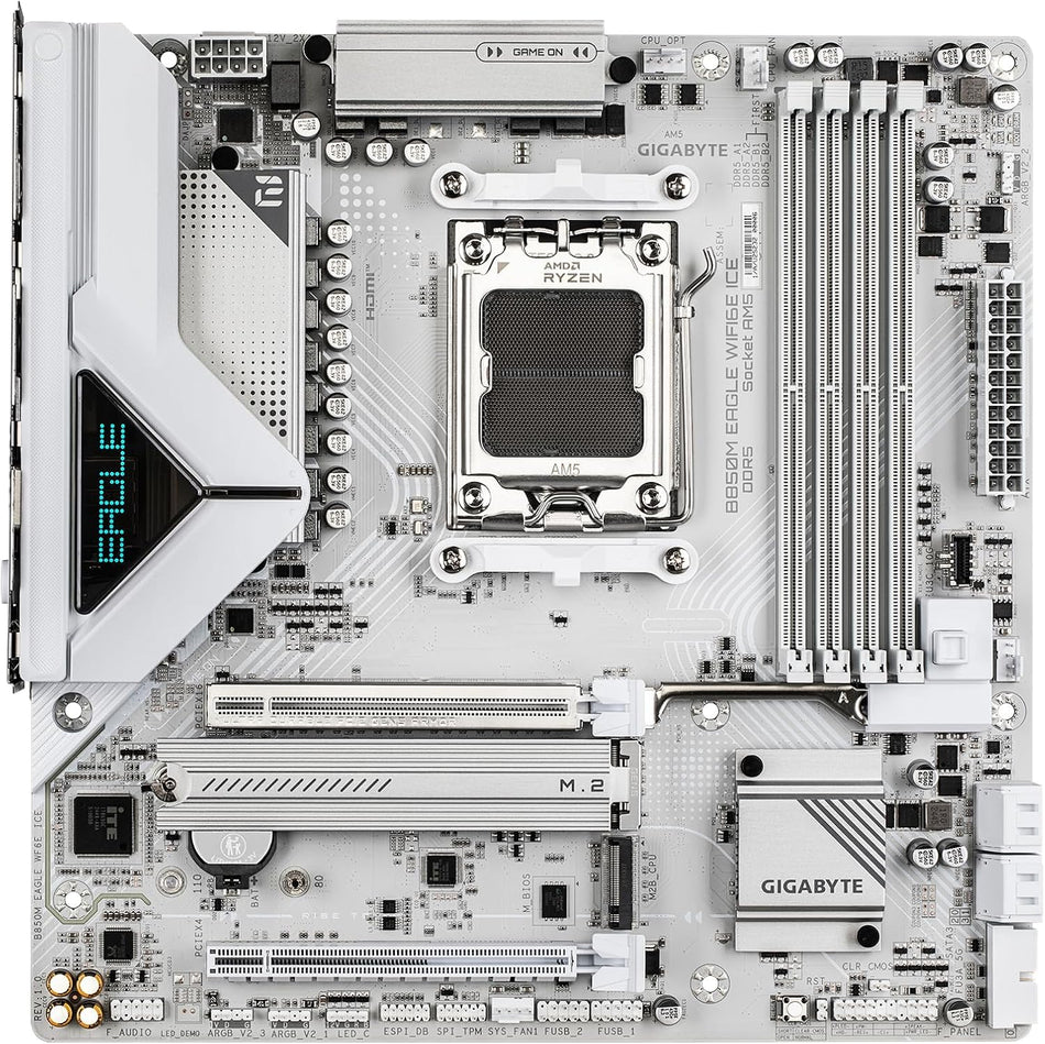 GIGABYTE B850M Eagle WIFI6E ICE AMD AM5 mATX Motherboard, Support AMD Ryzen 9000/8000/7000 Series, DDR5, 8+2+2 Power Phase, 2X M.2, PCIe 5.0, USB-C, WIFI6E, 2.5GbE LAN, EZ-Latch