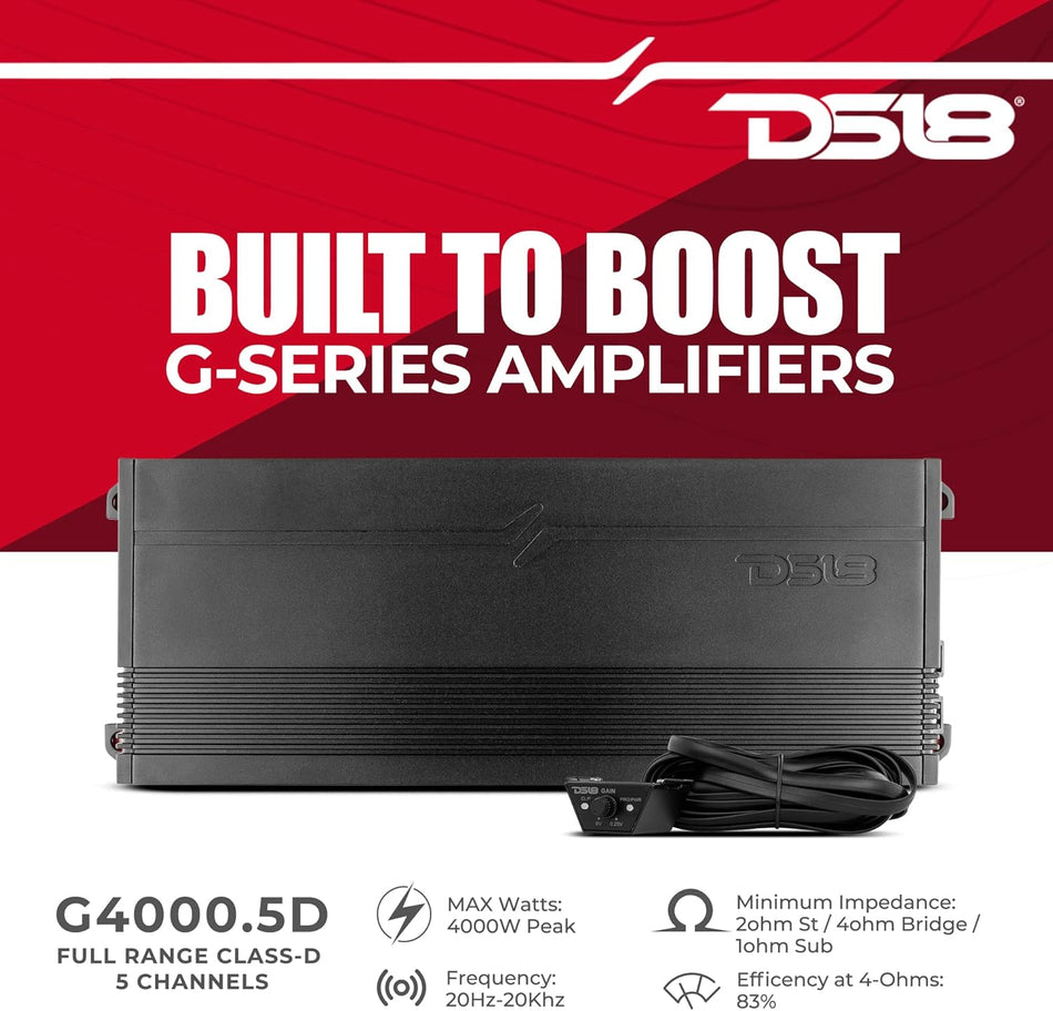 DS18 G4000.5D Generation-X 5-Channel Class D Full-Range Amplifier, 4000 Watts Max, 2/4 Ohm Stable, Bridgeable Car and Truck Stereo Amp with Remote Bass Knob Included