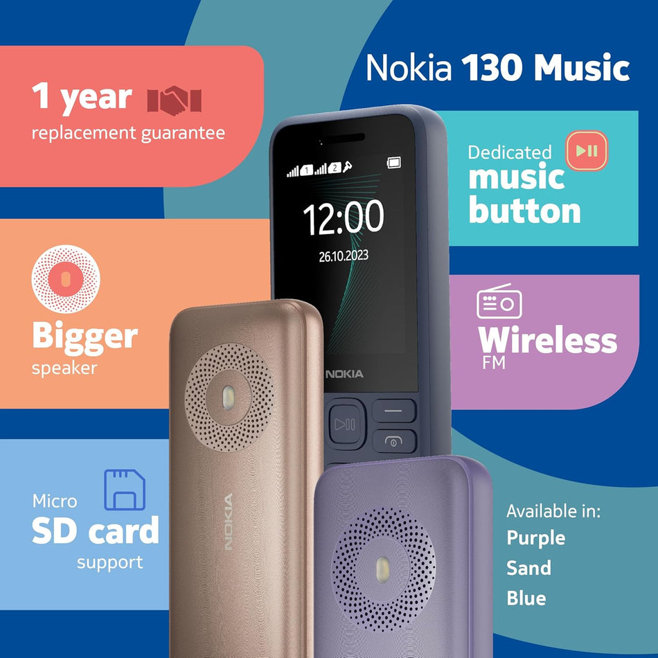 Nokia 130 Music  | Built-in Powerful Loud Speaker with Music Player and Wireless FM Radio | Dedicated Music Buttons | Big 2.4” Display | 1 Month Standby Battery Life - Dark Blue Edition