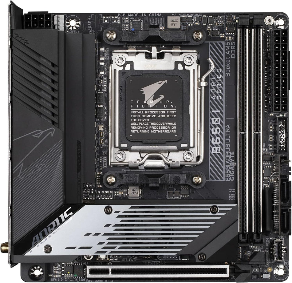 GIGABYTE B650I AORUS Ultra AMD AM5 ITX Motherboard, Support Ryzen 9000/8000/7000 Series, DDR5, 8+2+1 Power Phase, PCIe 5.0 M.2, USB-C 3.2 Gen 2, WIFI6E, 2.5GbE, EZ-Latch, Q-Flash, RGB Fusion
