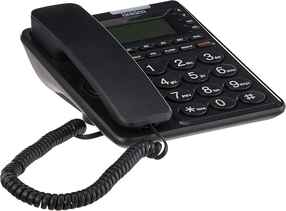 Uniden AT6408 Slimline Corded Landline Phone (Integrated LCD Display, FSK/DTMF Caller ID, Hands-Free Speakerphone, Wall-Mountable, Black)
