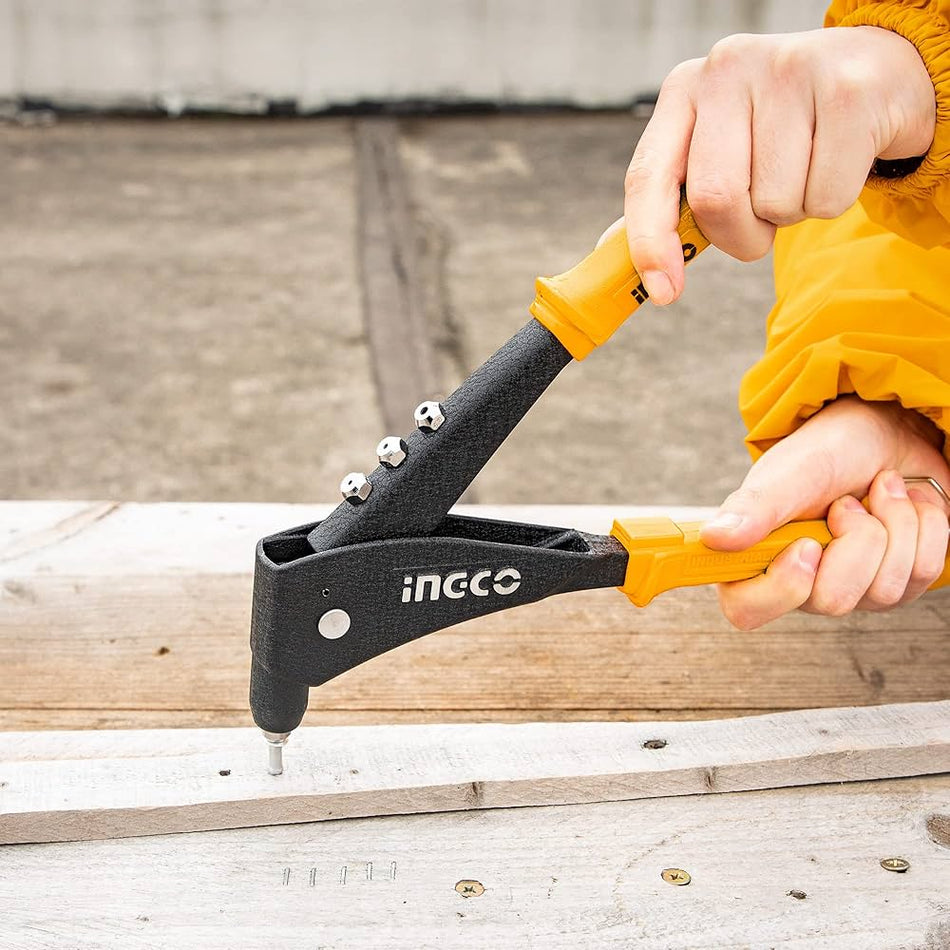 INGCO 10.5" Heavy-Duty Hand Riveter – High-Strength Aluminum Alloy Body, 4 Interchangeable Nosepieces (2.4mm, 3.2mm, 4.0mm, 4.8mm), and Non-Slip Ergonomic Grip (HR105)