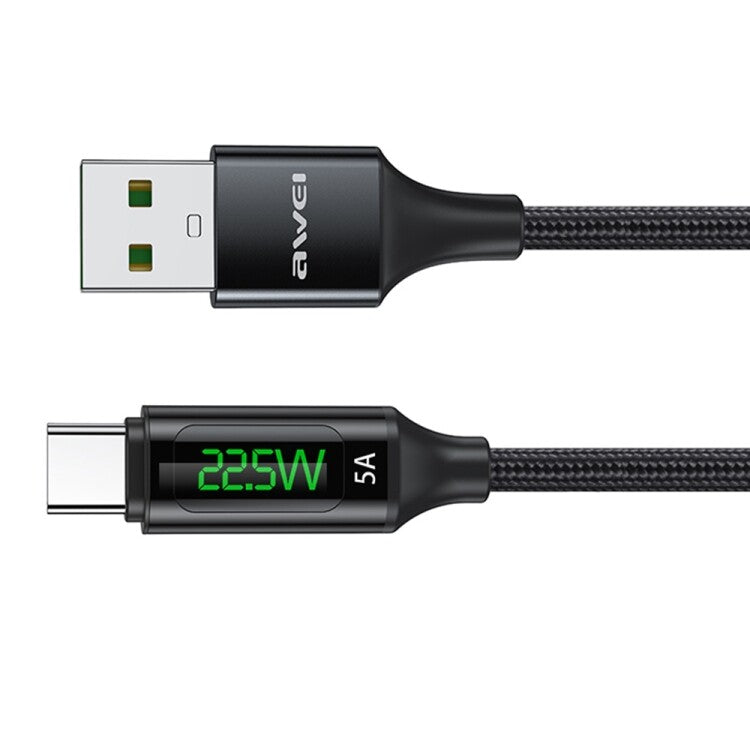 AWEI CL-123T Digital Display Fast Charing Data Cable PD 22.5W Type C Charging Cable with Braided Wire LED Digital Display Bend Resistant