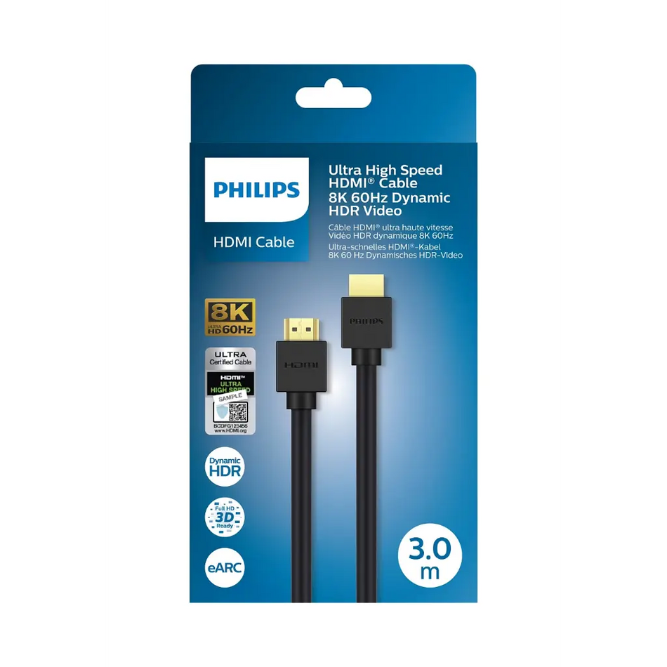 Philips Ultra High Speed HDMI 2.1 Cable 3m - 8K @ 60Hz / 4K @ 120Hz, 48 Gbps Bandwidth, Dynamic HDR, eARC & Gold-Plated Connectors - Black (SWV9433C/00)