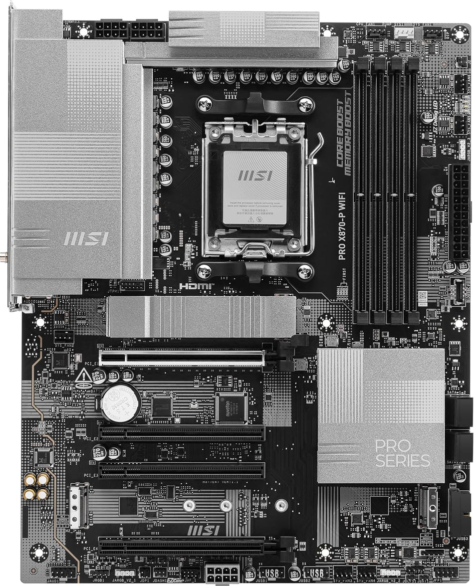 MSI PRO X870-P WiFi ProSeries Motherboard (AMD Ryzen 9000/8000/7000 Series Processors, AM5, DDR5, PCIe 5.0, M.2 Gen5, SATA 6Gb/s, USB 40Gbps, HDMI/DP, Wi-Fi 7, Bluetooth 5.4, 5Gbps LAN, ATX)
