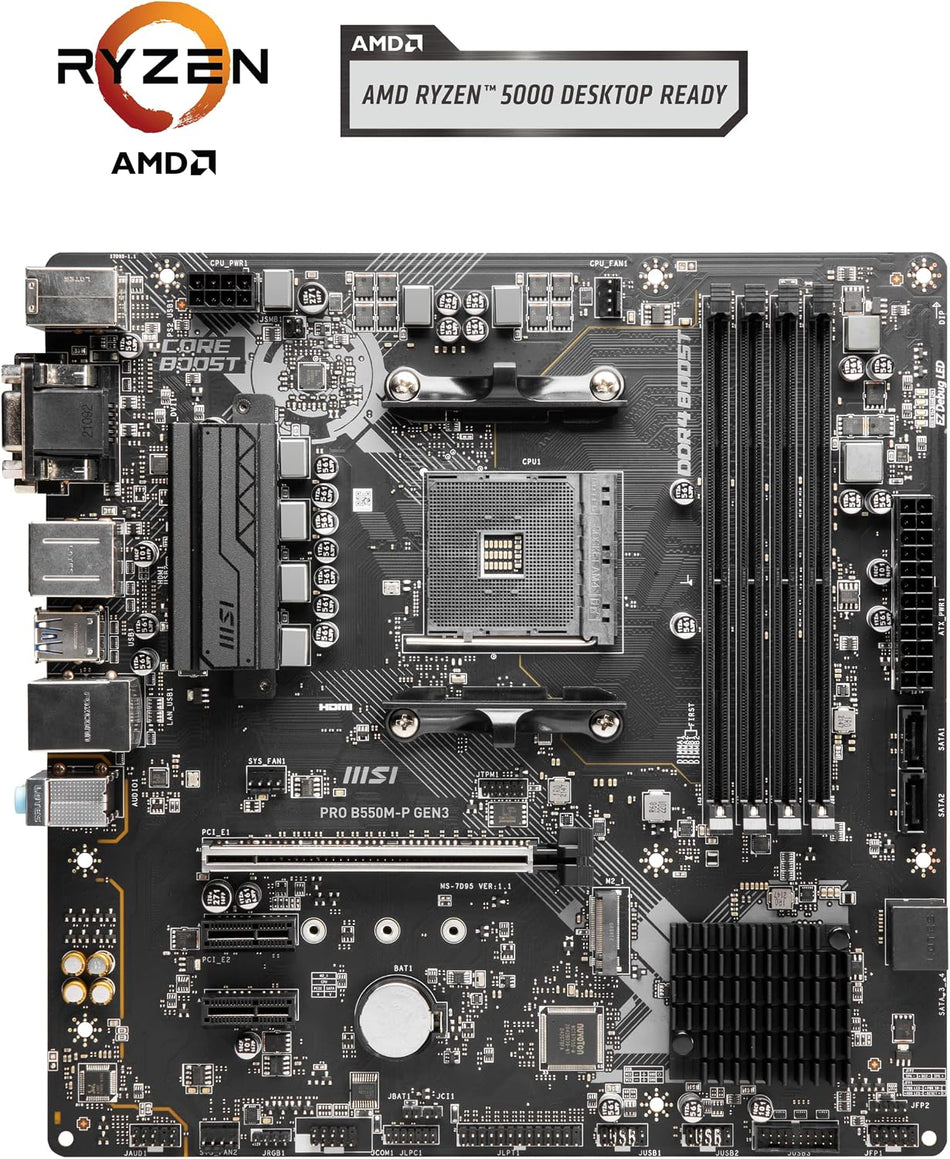 MSI PRO B550M-P GEN3 Motherboard, Micro-ATX, AM4 - AMD Ryzen 5000 Ready - DDR4 Boost 4400+MHz/OC, PCIe 3.0 x16 Slot, 1 x M.2 Gen3 Slot, 1G LAN
