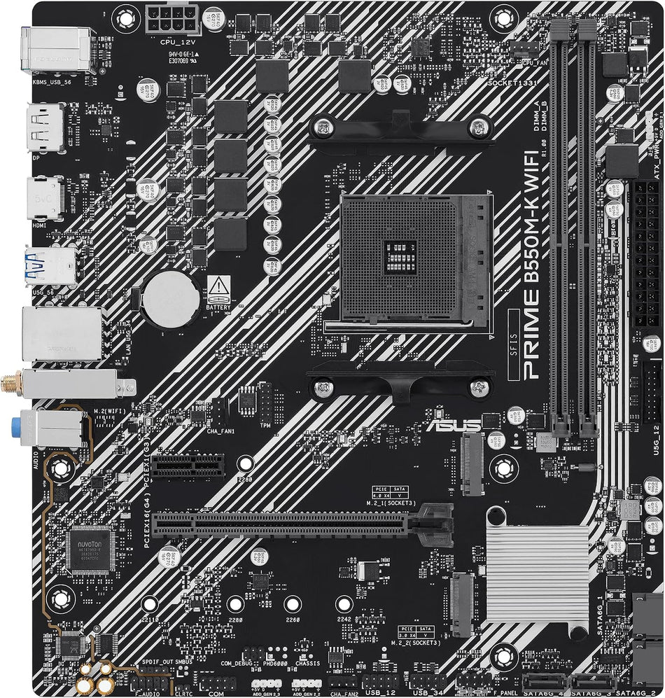 ASUS Prime B550M-K WiFi AM4 mATX Motherboard, DDR4, PCIe 4.0, 2xM.2, WiFi 6 2x M.2 Slots, WiFi 6, AMD Ryzen Ready, Aura Sync RGB