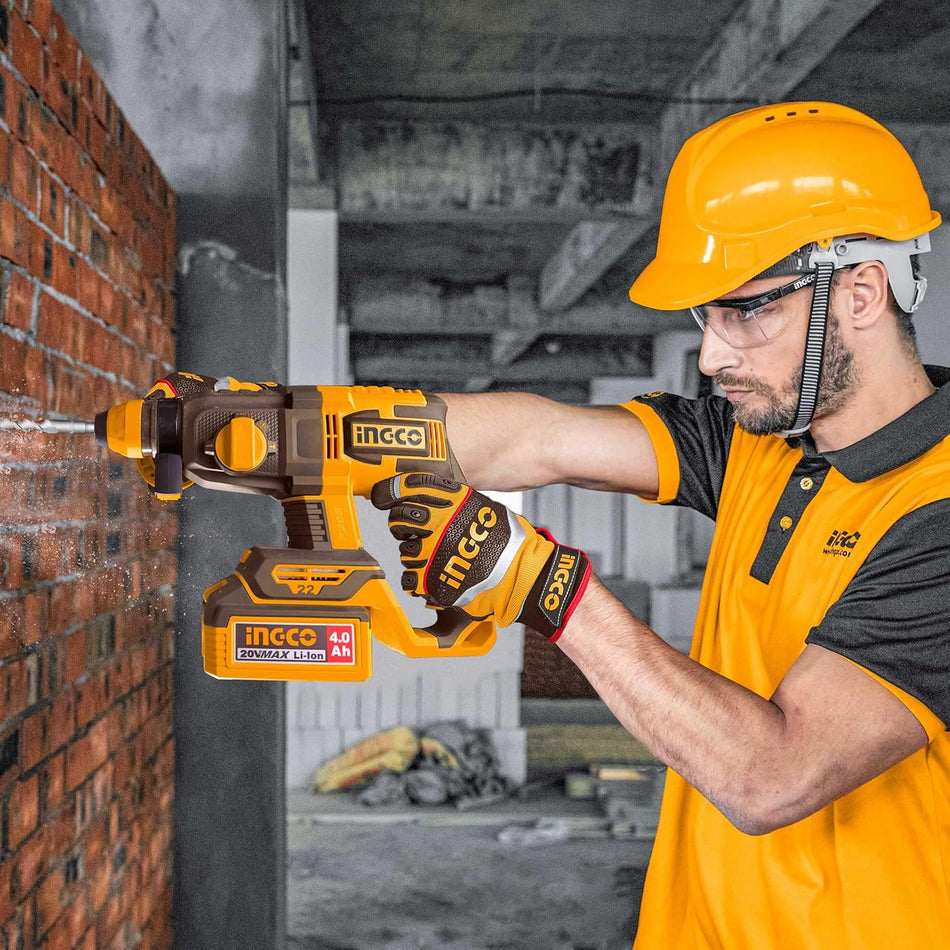 INGCO 20V Brushless SDS-Plus Rotary Hammer (CRHLI21228) – 22mm Concrete Capacity, 1,100 RPM, 2.0J Impact Energy, Multi-Function Mode Selector, Ergonomic Anti-Vibration Design for Precision Masonry Work.