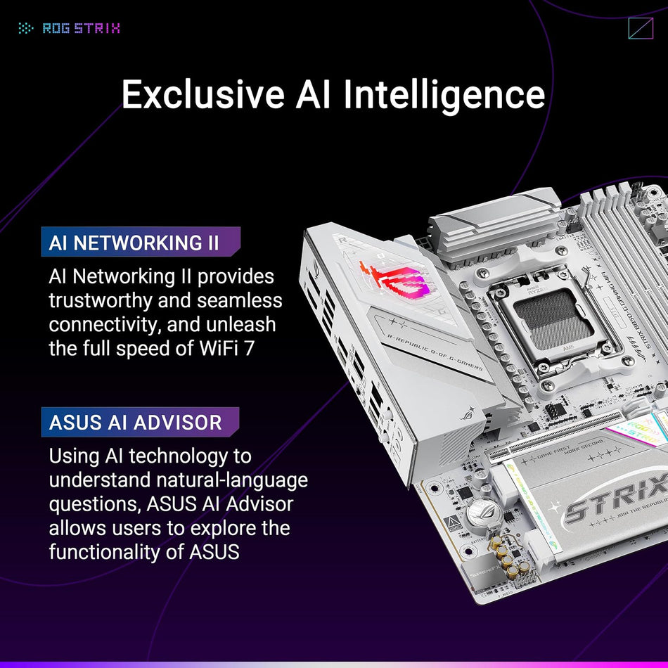 ASUS ROG Strix B850-G Gaming WiFi AMD AM5 B850 mATX Motherboard, Advanced AI PC Ready, 14+2+1 Power Stages, DDR5 Slots, 4X M.2 Slots, PCIe® 5.0 Ready, WiFi 7, 2.5G LAN, USB 20Gbps Type-C®, AI Advisor