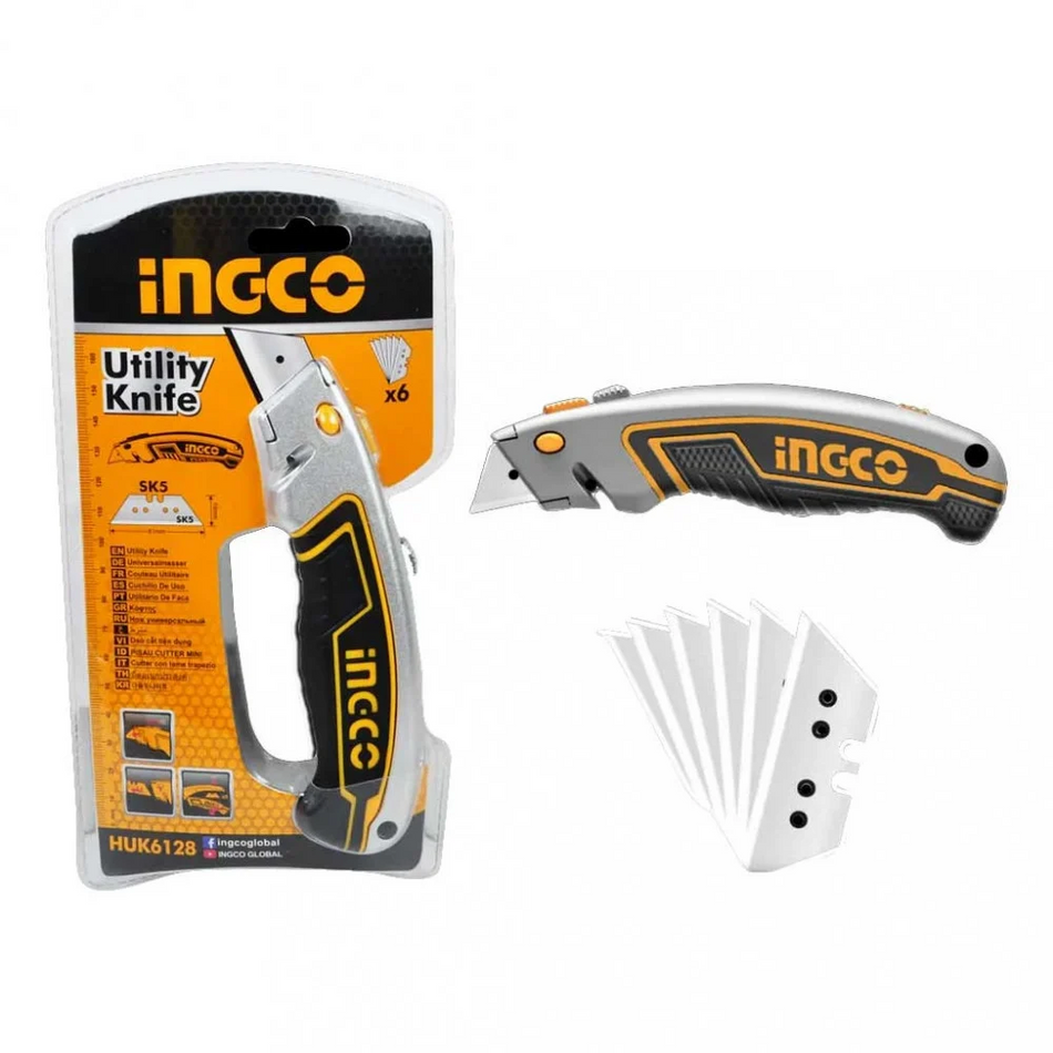 INGCO Heavy-Duty Zinc Alloy Retractable Utility Knife – Precision SK5 Steel Blades, Retractable Blade Lock, Ergonomic Non-Slip Grip, and 6-Piece Blade Set Included (HUK6128)