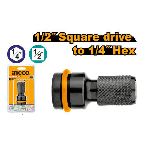 Ingco 1/2 Inch Square Drive to 1/4 Inch Hex Shank Socket Adapter - 50mm Forged Carbon Steel Impact Convertor Bit Holder for Impact Wrenches (ABH60501)