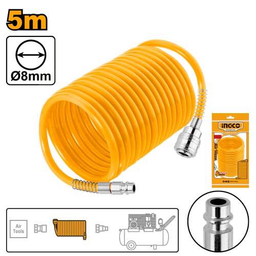 Ingco 5-Meter (16.4 Feet) Professional Recoil Polyurethane Air Hose – 5mm x 8mm Flexible Coiled Pneumatic Tube with 1/4-Inch Universal Quick Coupler & Nipple Set (AH1051)