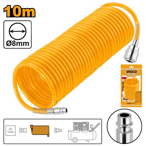 Ingco 10 Meter Professional Coiled Polyurethane Air Hose - 5mm x 8mm Flexible PU Recoil Compressor Hose with Spring Guards and Quick Coupler (AH1101)