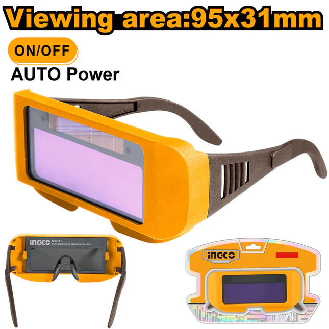 Ingco Professional Auto-Darkening Welding Glasses - High-Speed Dual Arc Sensor Goggles with Solar Panel, Lithium Battery, and DIN 16 UV/IR Protection (AHM111)