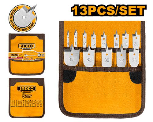 Ingco 13-Piece Professional Flat Wood Drill Bit Set | Heavy-Duty Spade Bit Kit for Fast Bore Timber Drilling - 6mm to 25mm (AKD41301)