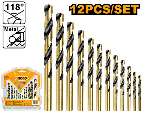 Ingco 12-Piece Professional HSS Twist Drill Bit Set - Fully Ground High-Speed Steel Metal Drilling Kit from 1.5mm to 10.0mm (AKDB1125)