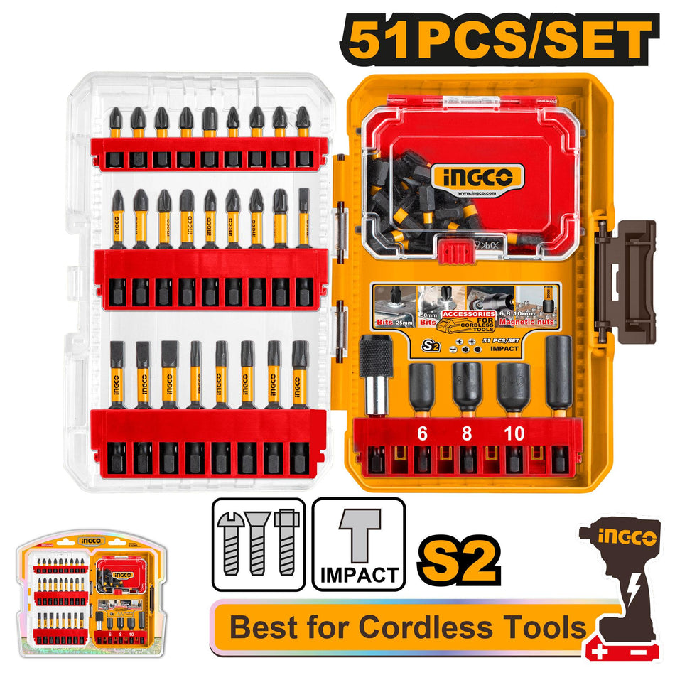 Ingco 51-Piece Industrial Impact Screwdriver Bit and Nut Setter Set – S2 Shock-Resistant Alloy Steel Driver Bits with Magnetic Quick-Release Holder (AKDL25106)