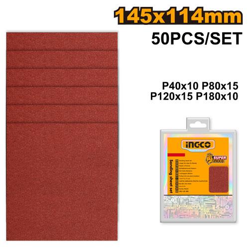 Ingco 50-Piece Sanding Sheet Set | Assorted Multi-Grit Hook and Loop Detail Sander Sandpaper Pack (AKFS1401021)