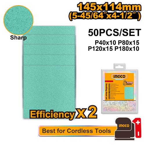 Ingco 50-Piece Multi-Grit Sanding Sheet Set (145mm x 114mm) - Premium Aluminum Oxide Hook & Loop Sandpaper Kit for 1/4 Sheet Palm Sanders