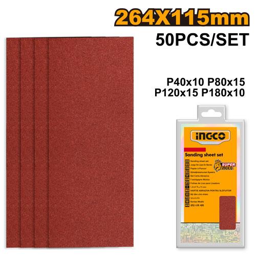 Ingco 50-Piece Sanding Sheet Set | Assorted Multi-Grit 264mm x 115mm Finishing Sander Sandpaper Pack (AKFS2641151)