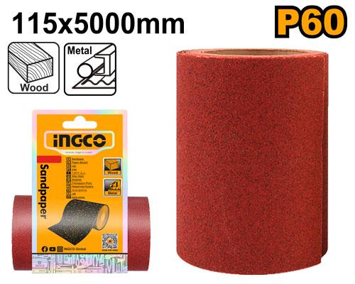 Ingco 11.5cm x 500cm Roll Sandpaper Grit 60 (AKHS760604) Heavy-Duty Coarse Multi-Surface Abrasive Sanding Sheet for Wood, Metal, Drywall & Plastic