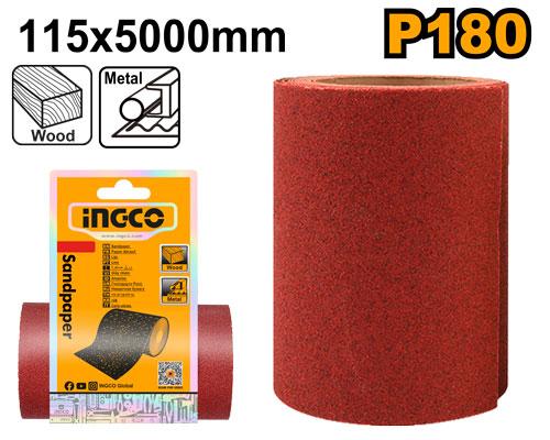Ingco 11.5cm x 500cm Roll Sandpaper Grit 180 (AKHS761804) High-Performance Multi-Surface Abrasive Sanding Sheet for Wood, Metal, Drywall & Plastic