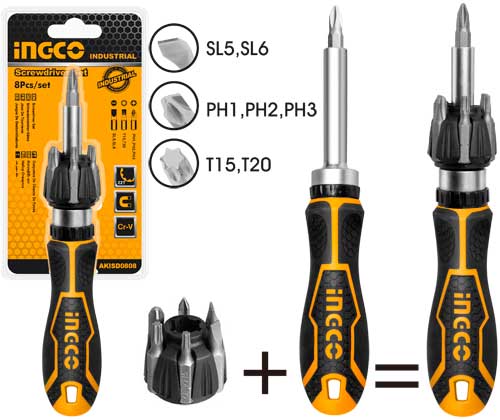 INGCO 8-Piece Ratchet Screwdriver Set – Industrial Cr-V Steel Bits (SL5, SL6, PH1–3, T15, T20), New Design High-Torque Ratchet Handle, and Compact Half Double Blister Pack (AKISD0808)