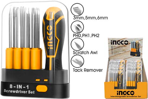 INGCO 9-Piece Interchangeable Screwdriver Set – Chrome Vanadium (Cr-V) Blades, Ergonomic Quick-Lock Handle, Tack Remover, Scratch Awl, and Compact Storage Case (AKISD0901)