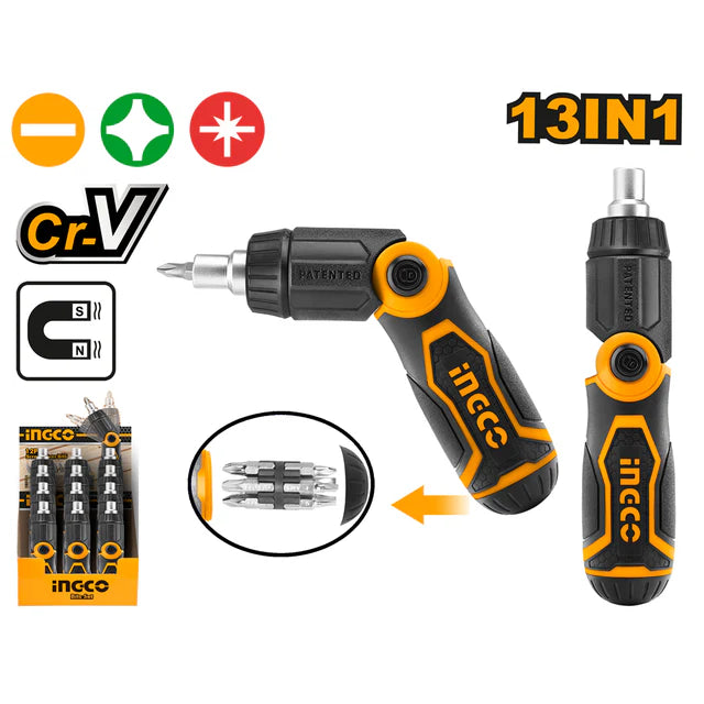 INGCO 13-in-1 Multi-Angle Folding Ratchet Screwdriver Set – Premium S2/Cr-V Heat-Treated Bits, High-Torque Reversible Mechanism, and In-Handle Bit Storage (AKISD1208)