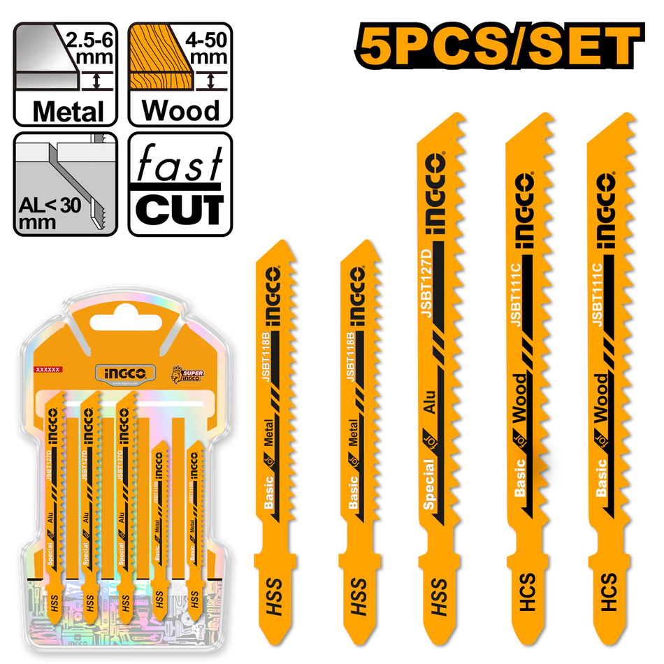 Ingco 5-Piece Jigsaw Blade Set | Mixed T-Shank Assortment for Wood, Metal, and Aluminum (AKJ0051)