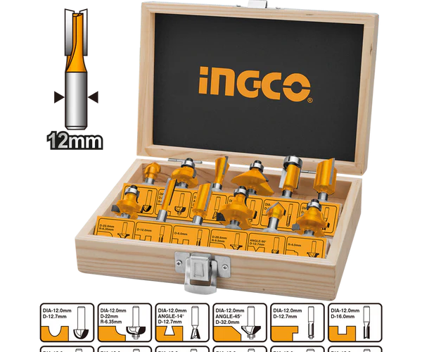 Ingco 12-Piece Professional Router Bits Set - 12mm Shank Tungsten Carbide Tipped Woodworking Milling Cutters Assortment in Plywood Storage Case (AKRT1221)