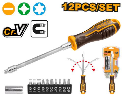 INGCO 12-Piece Flexible Shaft Screwdriver Set – Bendable Extension Driver Handle, Chrome Vanadium (Cr-V) Bits, and 1/4" Bit Adapter (AKSDFL1208)