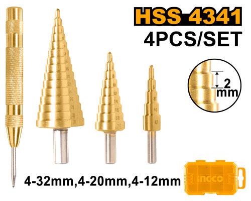Ingco 4-Piece Professional HSS 4341 Step Drill Bit Set with Automatic Center Punch - High-Speed Conical Core Drill Bits for Sheet Metal and Plastic (AKSDS2041)