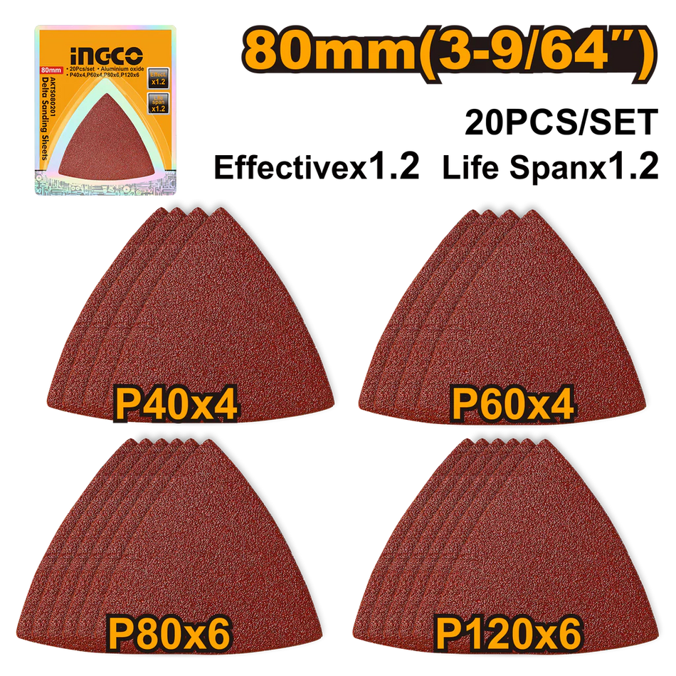 Ingco 20-Piece Delta Sanding Sheets Set - 80mm Tri-Hook and Loop Oscillating Multi-Tool Triangular Sandpaper Pack (AKTS080201)