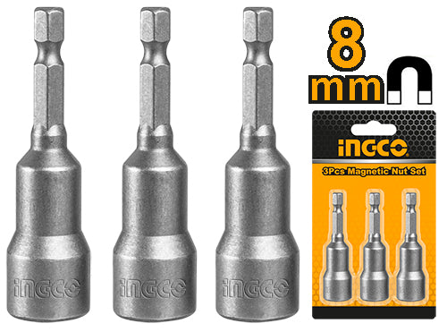 Ingco 3-Piece Magnetic Nut Setter Set | 8mm Hex Socket x 65mm Industrial Driver Bits for Power Drills (AMN0831)