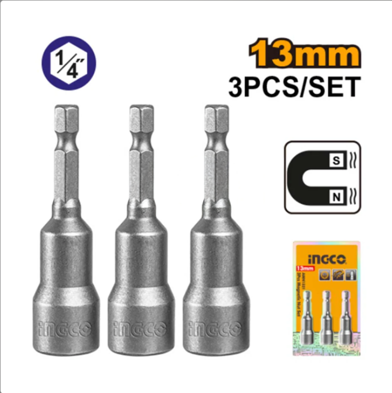 Ingco 3-Piece Magnetic Impact Nut Setter Set (AMN1331) Heavy-Duty Hex Nut Drivers for High-Torque Construction, Automotive & Workshop Fastening