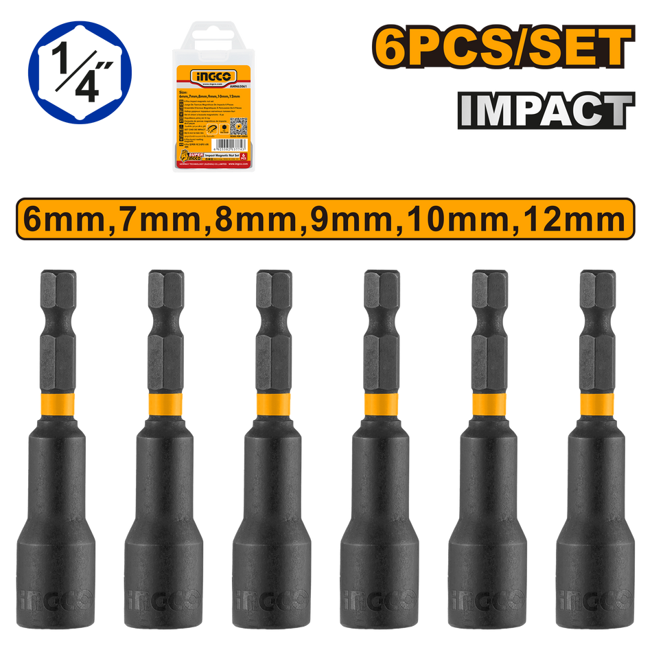 INGCO 6-Piece Impact Magnetic Nut Driver Set – Premium 50BV30 Alloy Steel, 1/4" Universal Hex Shank, 65mm Length, and Ultra-Strong Inner Magnets (AMN65061)