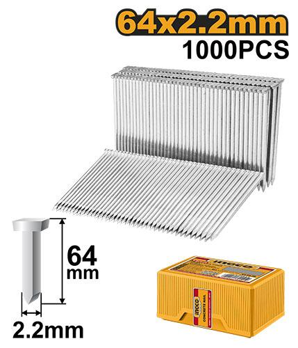 INGCO 64mm Heavy-Duty Air Concrete Nails (Clous à Béton pour Cloueur Pneumatique) – 2.2mm Shank Diameter, Galvanized Hardened Steel, 1000 Pcs Box, Compatible with ACN18641 Air Nailer (ANA01641)