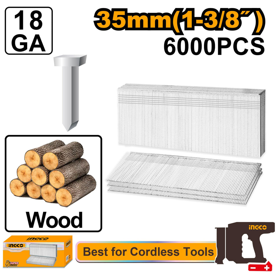 Ingco 35mm 18-Gauge Professional Galvanized Brad Nails – Heavy-Duty Rust-Resistant Carbon Steel Finish Nails for Pneumatic and Cordless Brad Nailers (ANA18356)