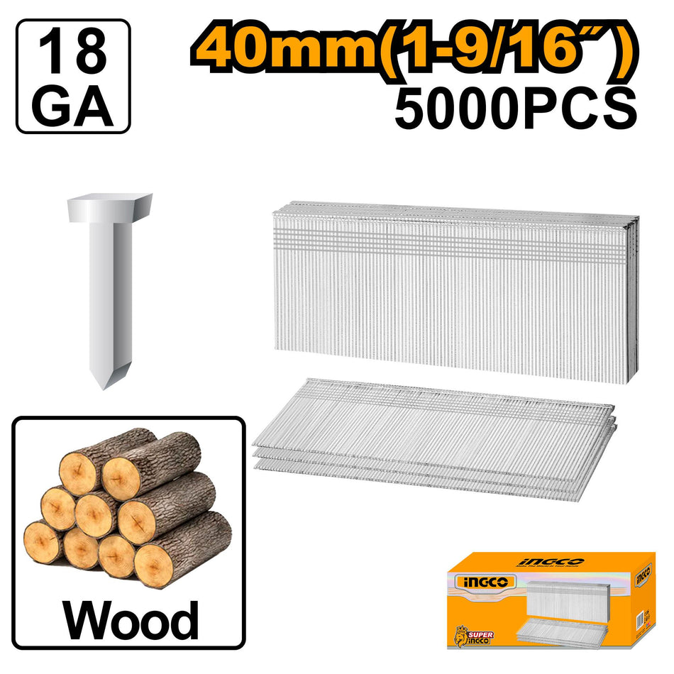 Ingco 40mm 18-Gauge Professional Galvanized Brad Nails – Heavy-Duty Rust-Resistant Carbon Steel Finish Nails for Pneumatic and Cordless Brad Nailers (ANA18401)