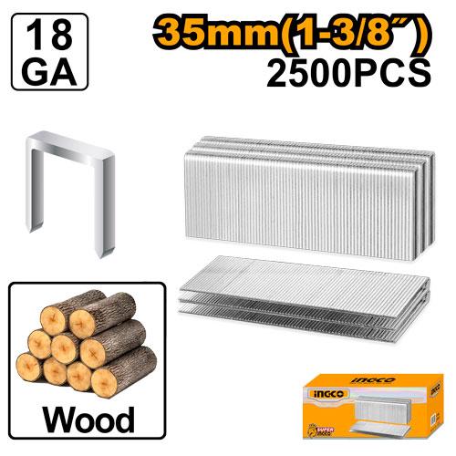 Ingco 35mm Professional Narrow Crown Staples - Gauge 18 Galvanized Steel Wire Fasteners with 5.7mm Crown for Pneumatic Staplers and Nailers (2500 Pcs/Box - AST18351)